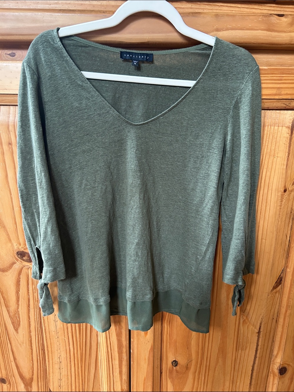 Sanctuary Linen Olive Green V-Neck Long Sleeve Top with Tie Cuffs V-Neck